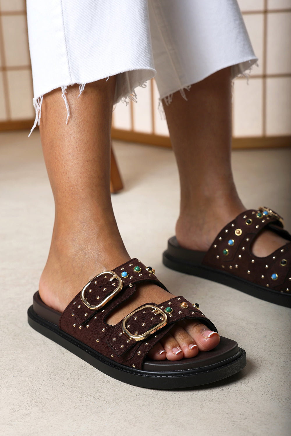 Dark Brown Ceylon Diamante Stud Double Buckle Slide On Sandal, Image 1 of 6