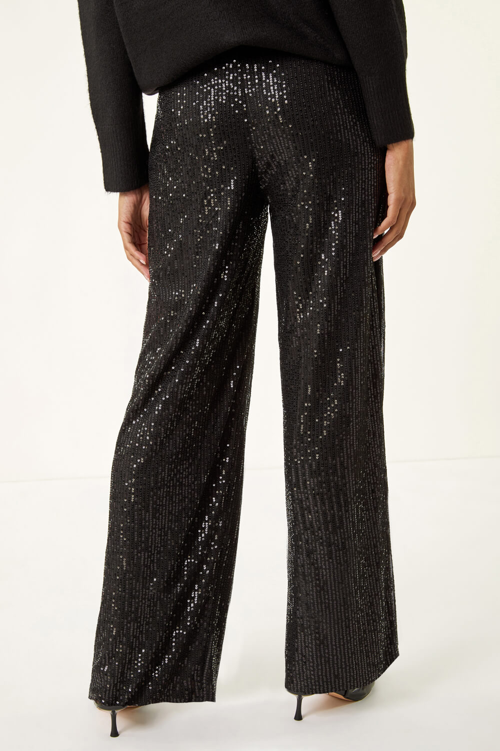 Black Sequin Wide Leg Trousers, Image 6 of 8