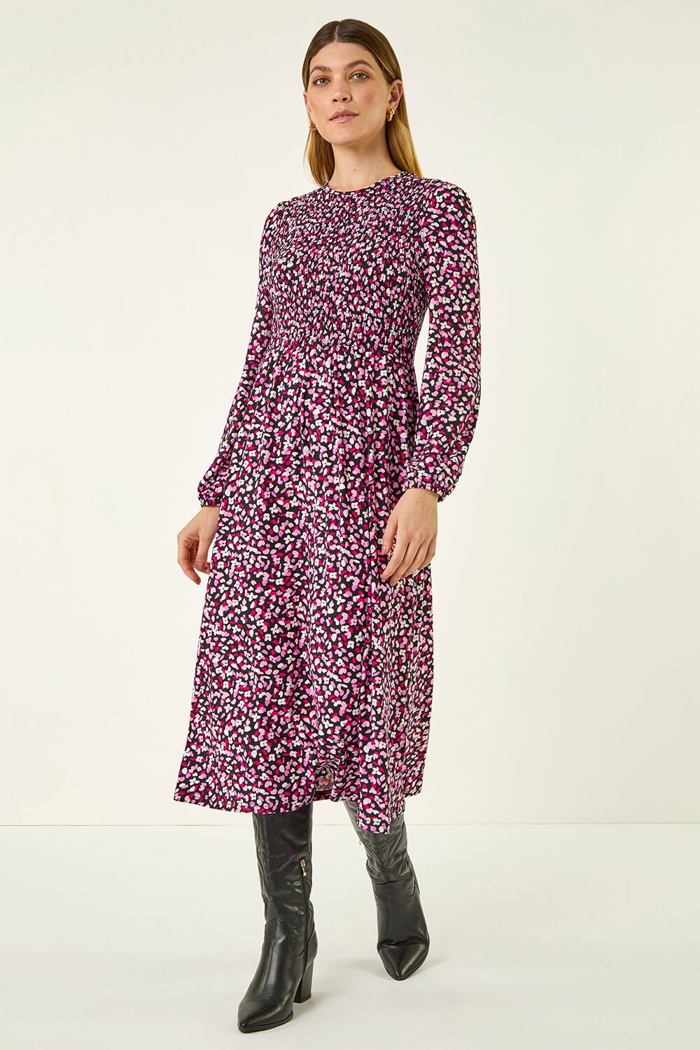 PINK Ditsy Floral Shirred Midi Dress, Image 4 of 7