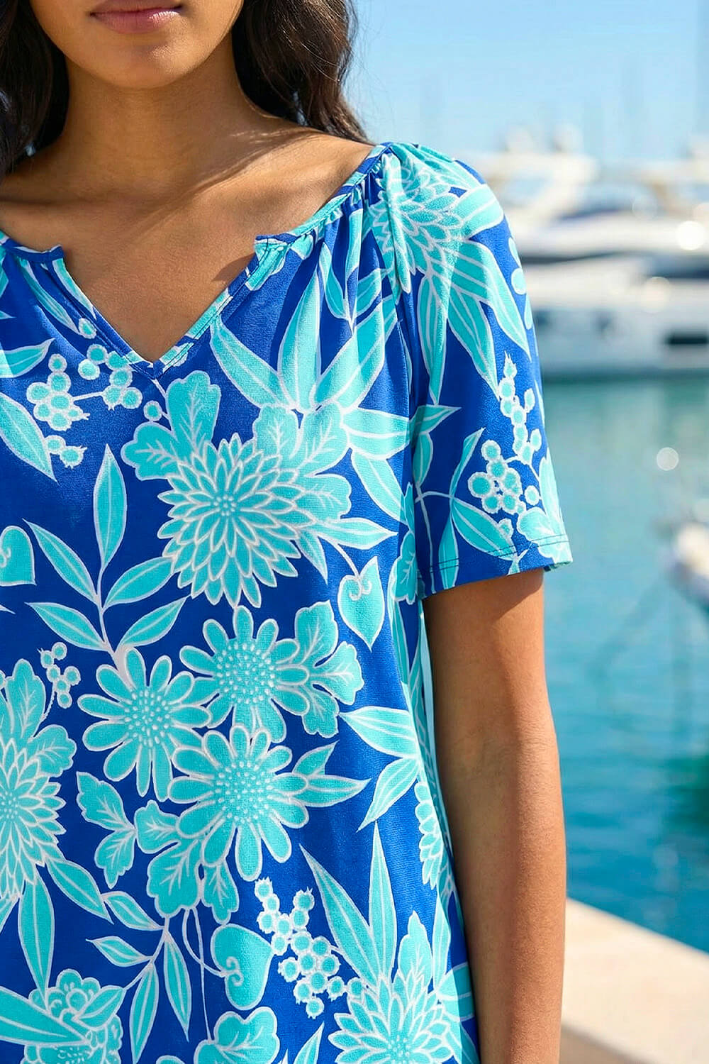 Royal Blue Textured Print Notch Neck Top, Image 5 of 4