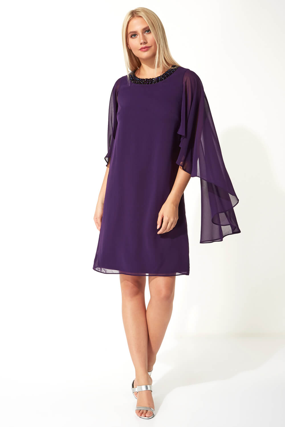 Purple Embellished Trim Chiffon Dress, Image 3 of 5
