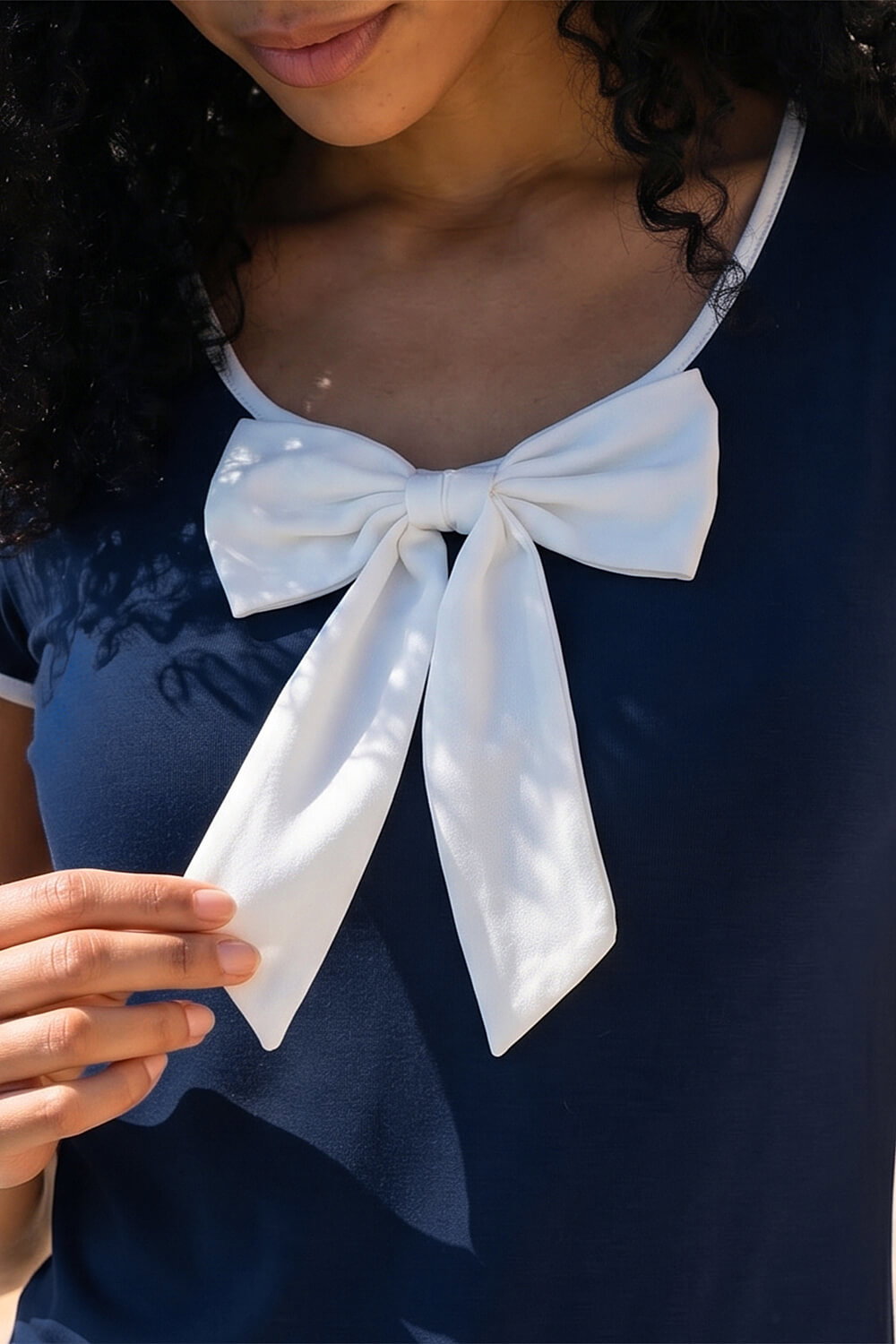 Navy Bow Front Stretch Top, Image 5 of 4