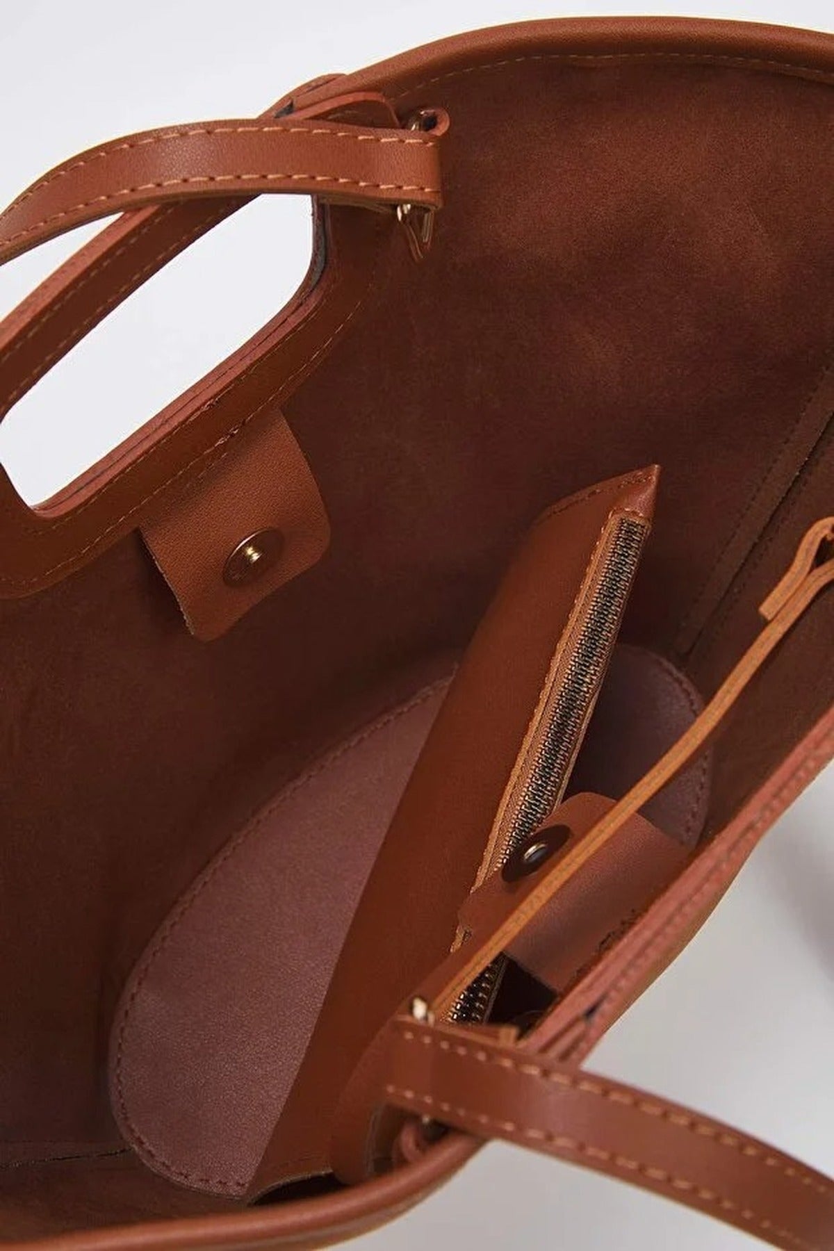 Brown Stitch Detail Structured Tote Bag with Cut Out Handle, Image 2 of 3