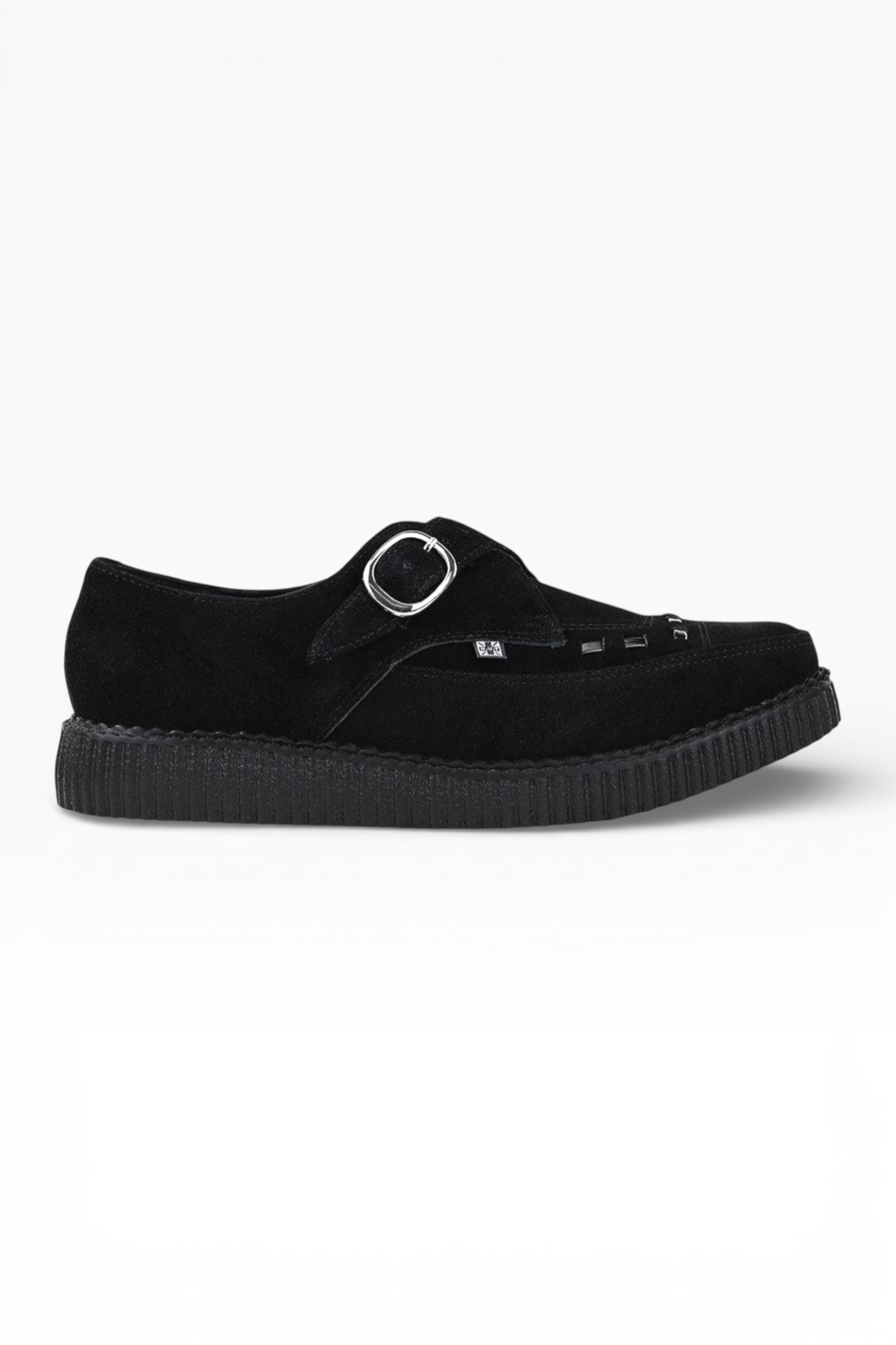 Black TUK Footwear Black Pointed Creeper Suede Monk Buckle Shoes, Image 1 of 8