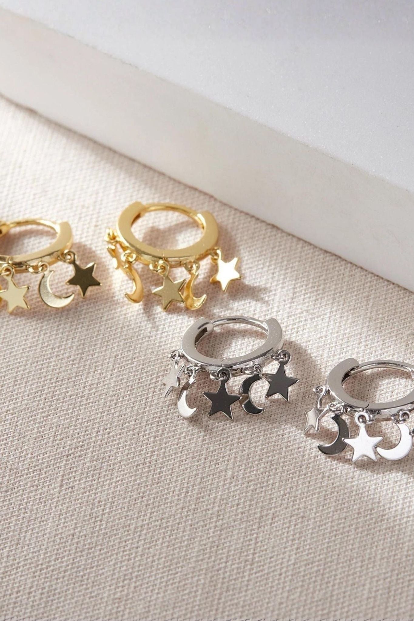 Silver Star Moon Charm Hoops in Sterling Silver, Image 1 of 3