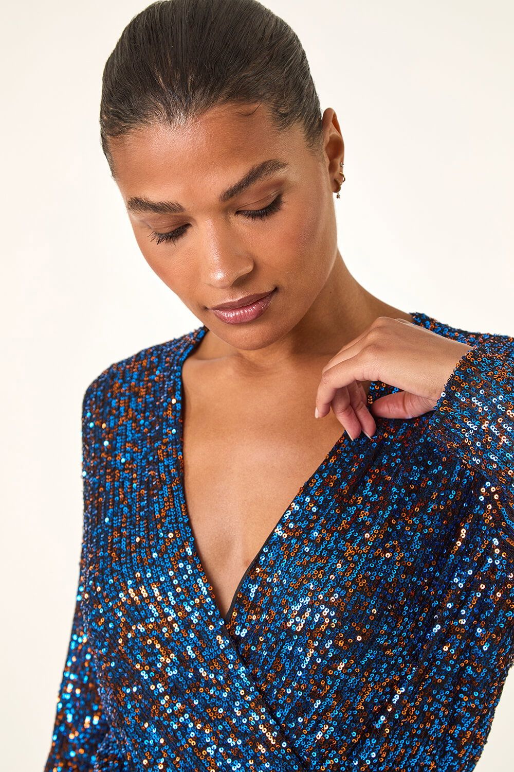 Royal Blue Sequin Wrap V-Neck Stretch Jumpsuit, Image 5 of 5