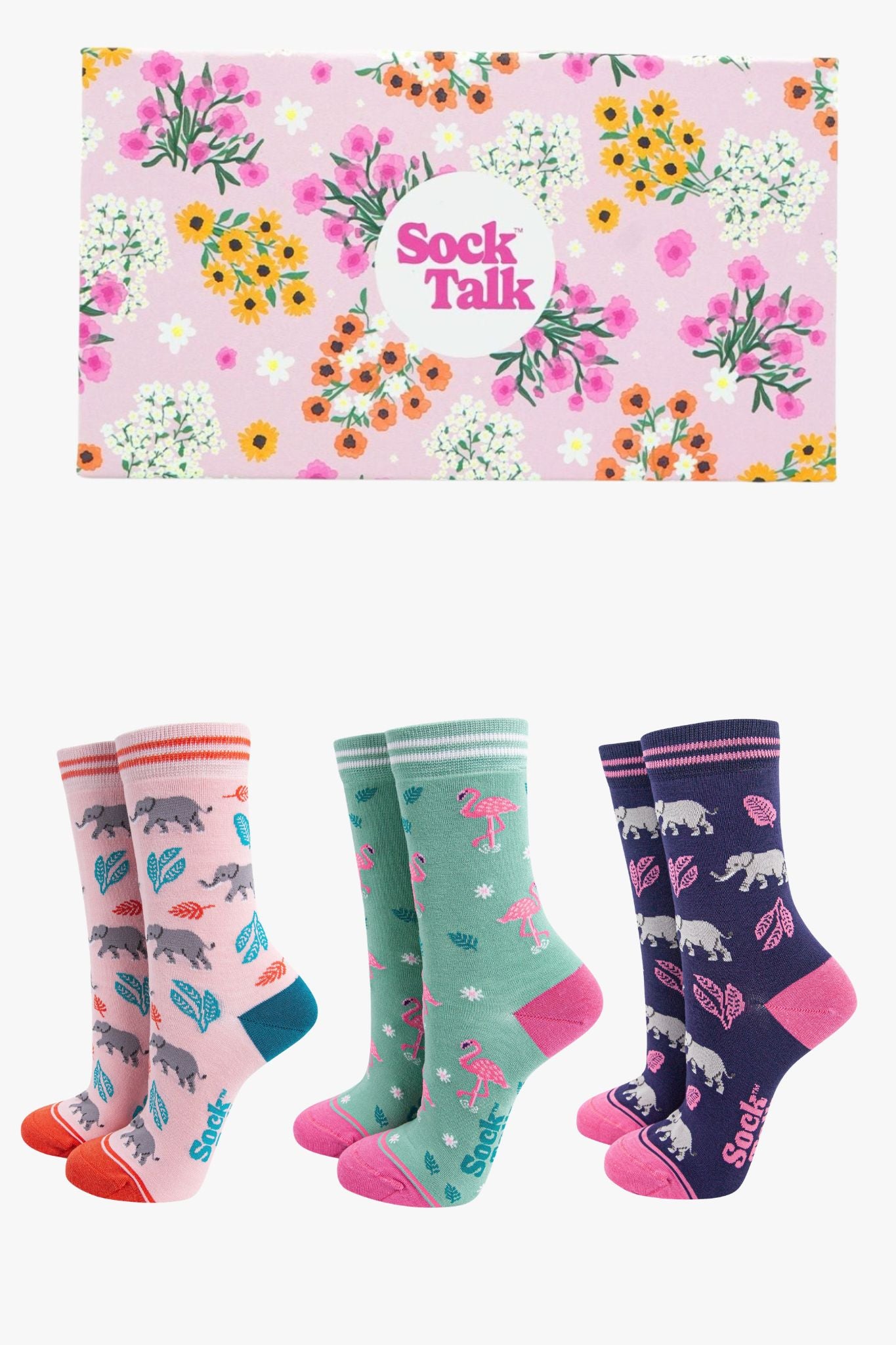 Multi Elephants & Flamingos Bamboo Socks Gift Set
