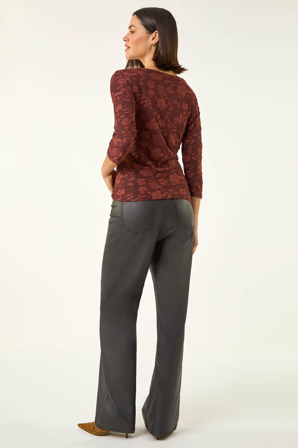 Chocolate Cowl Neck Jacquard Stretch Top, Image 4 of 5