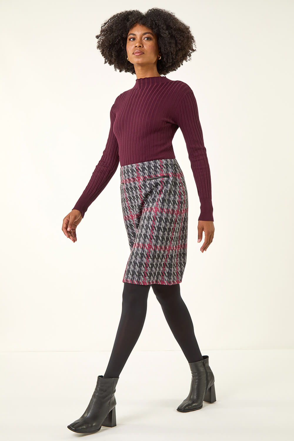 Red Houndstooth Stretch Pencil Skirt, Image 4 of 5