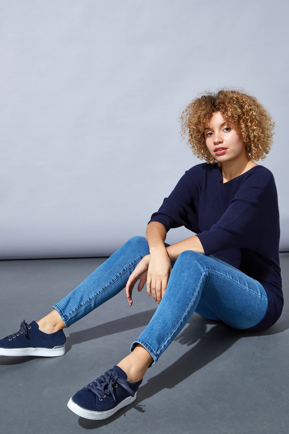 Midnight Blue Ribbed Batwing Jumper, Image 5 of 4