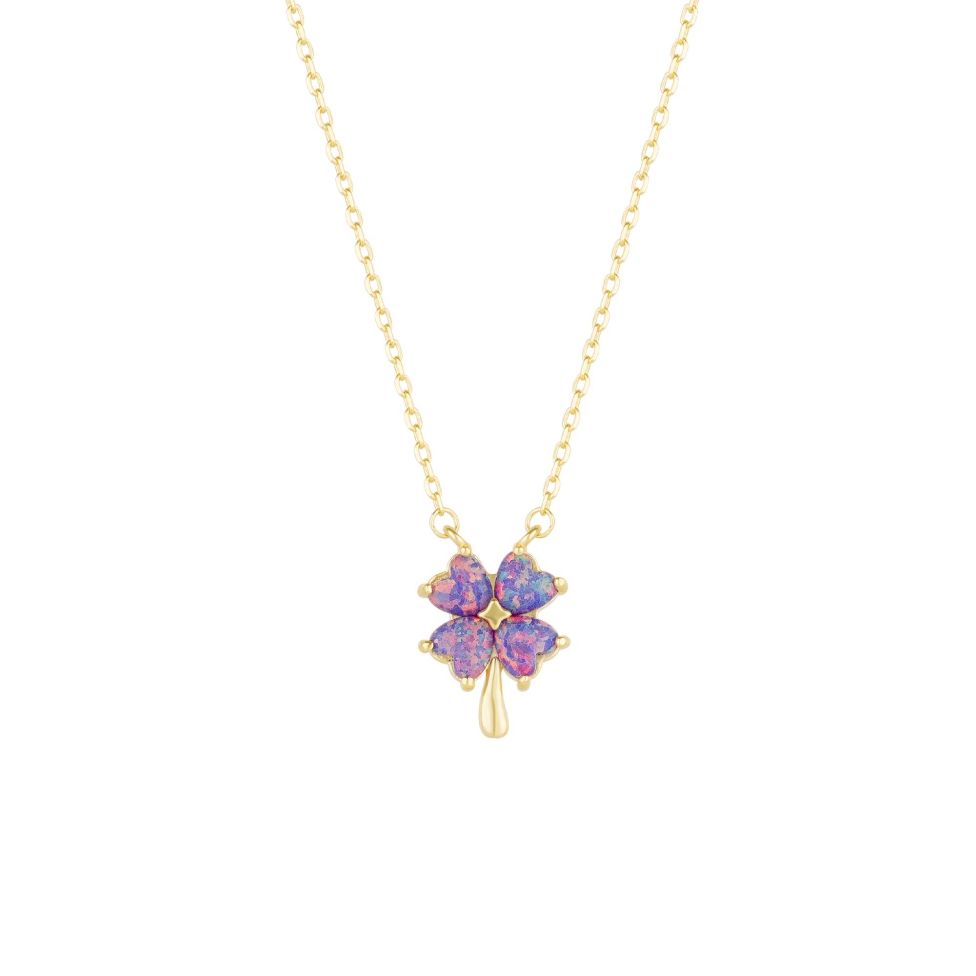 Gold Pink & Purple Opal Four Leaf Clover Sterling Silver Necklace, Image 1 of 1