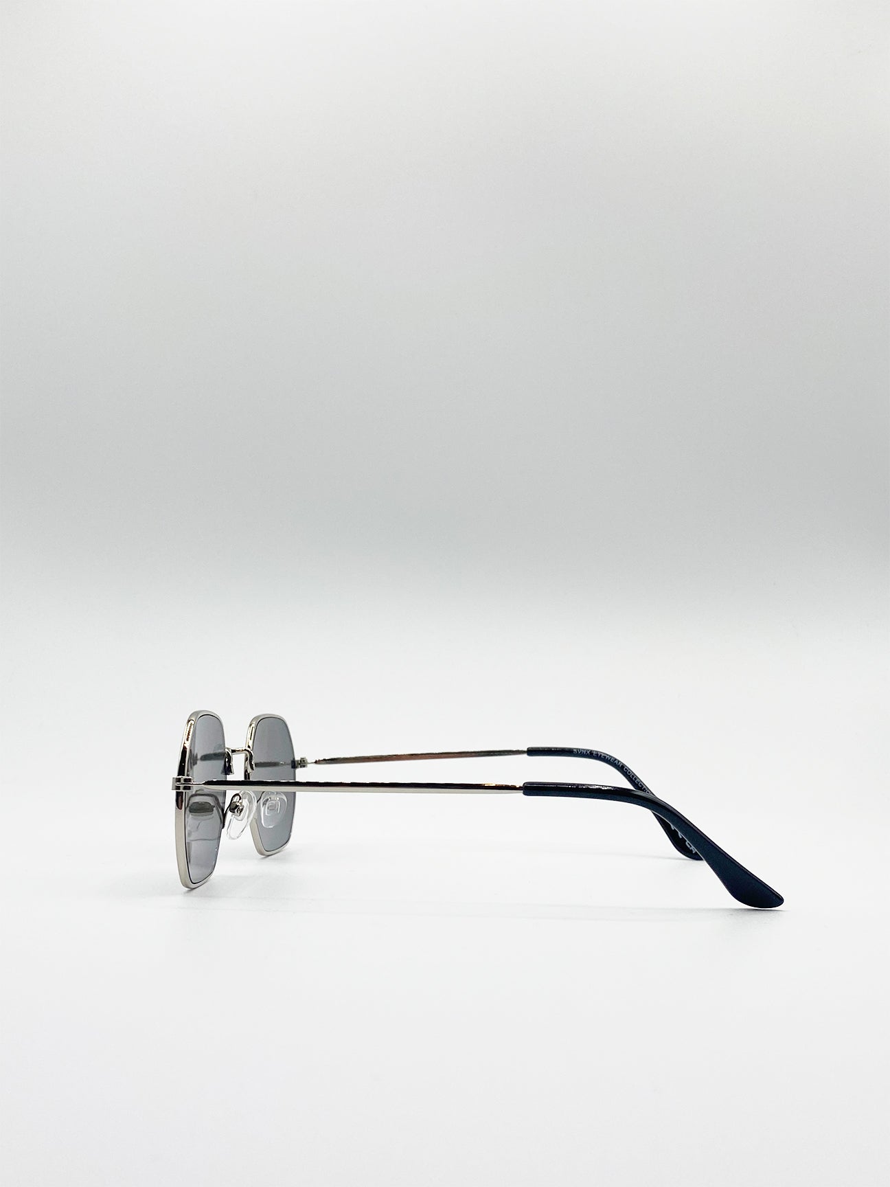 Silver Hexagon Metal Frame Sunglasses with Mirror Lenses in Silver, Image 3 of 4