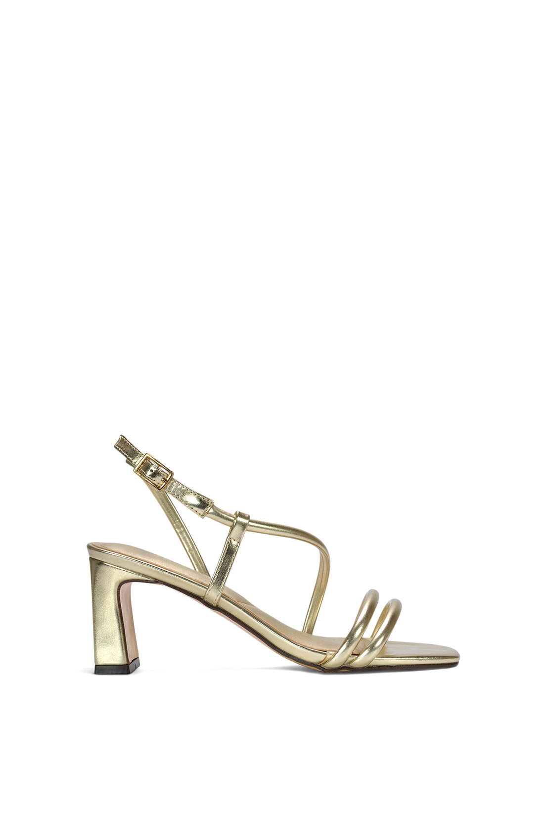 Gold XY LONDON Gold Strappy Slingback Mid Block Heel Sandals With Square Toe, Image 1 of 6
