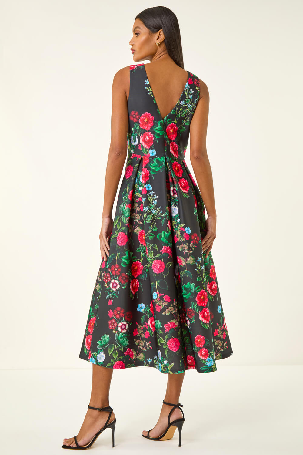 Black Floral Print Premium Stretch Midi Dress, Image 4 of 5