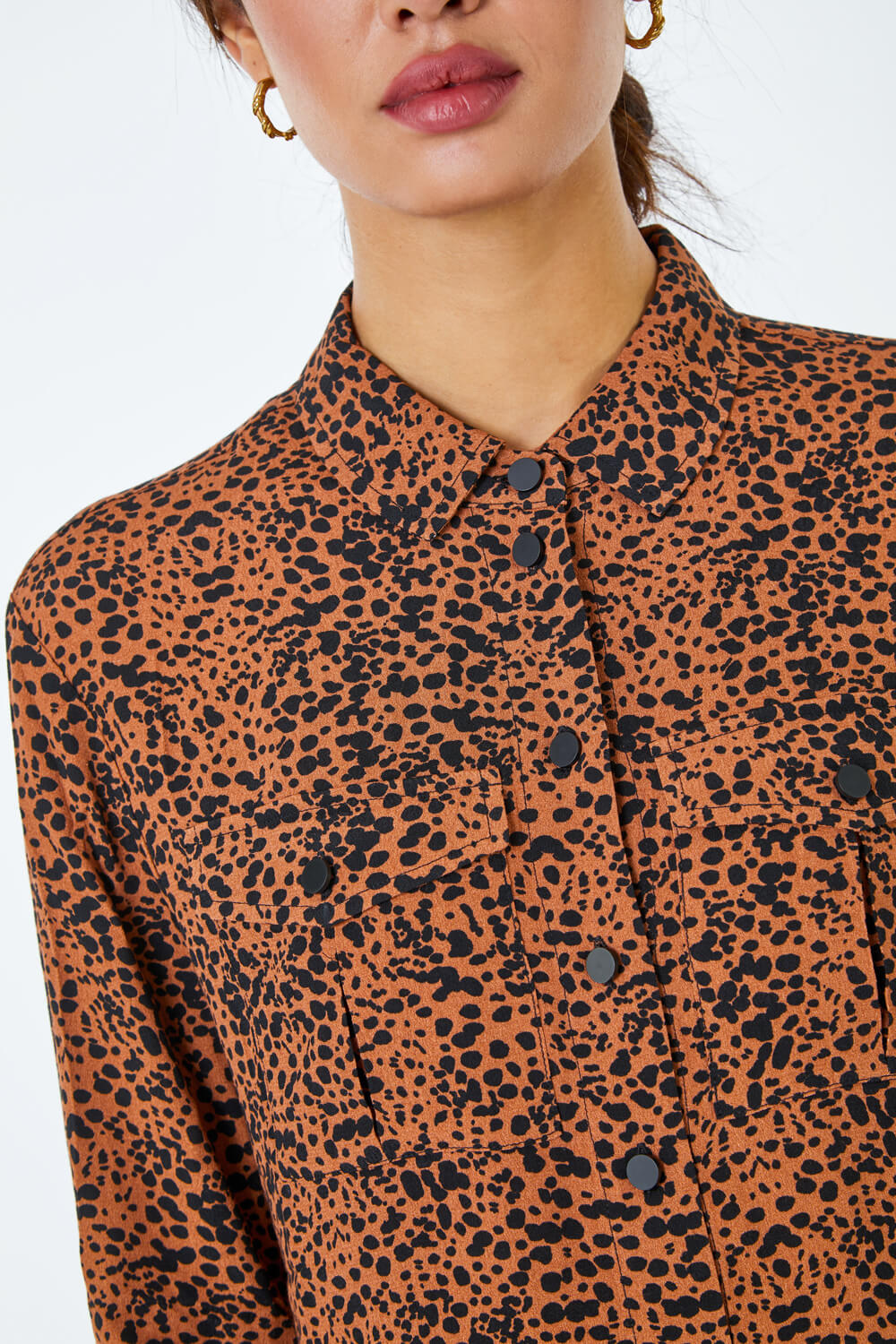 Camel Leopard Print Pocket Detail Long Sleeve Blouse, Image 6 of 5