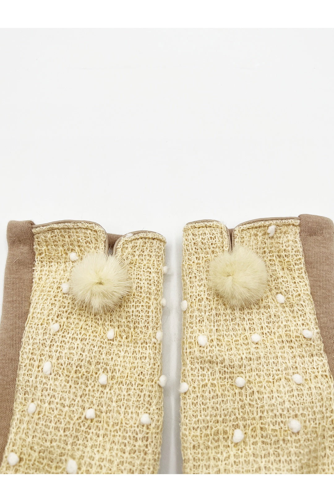 Beige Crochet Gloves With Pom Pom, Image 5 of 6
