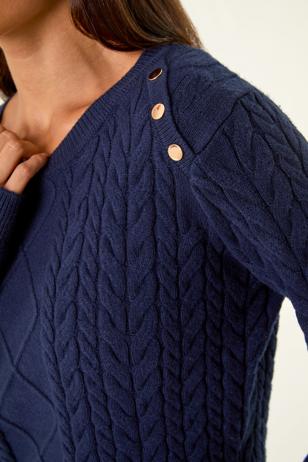 Navy Petite Button Cable Knit Jumper, Image 6 of 5