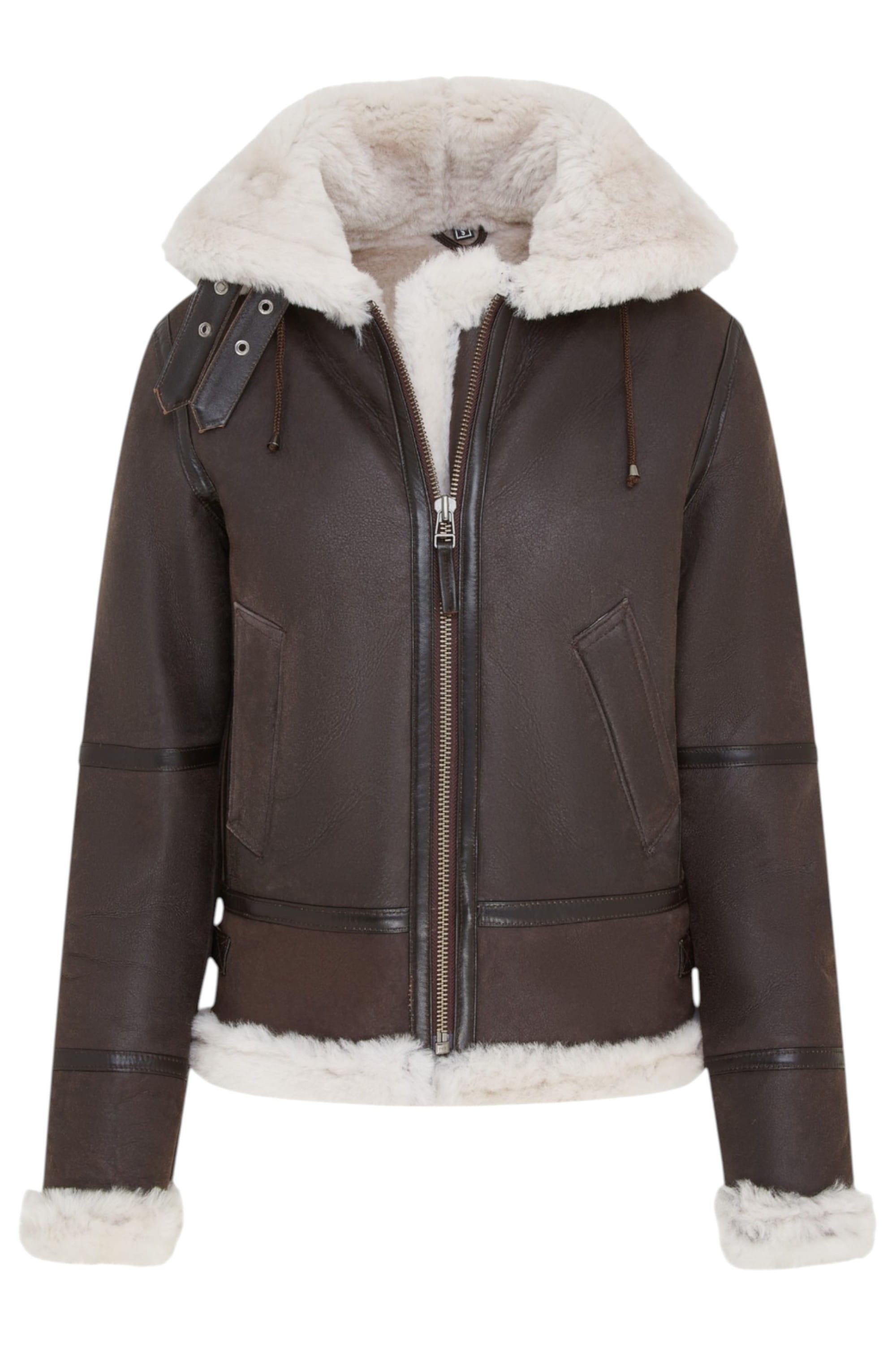 Dark Brown Sheep Leather Hood Flying Bomber Jacket, Image 2 of 8