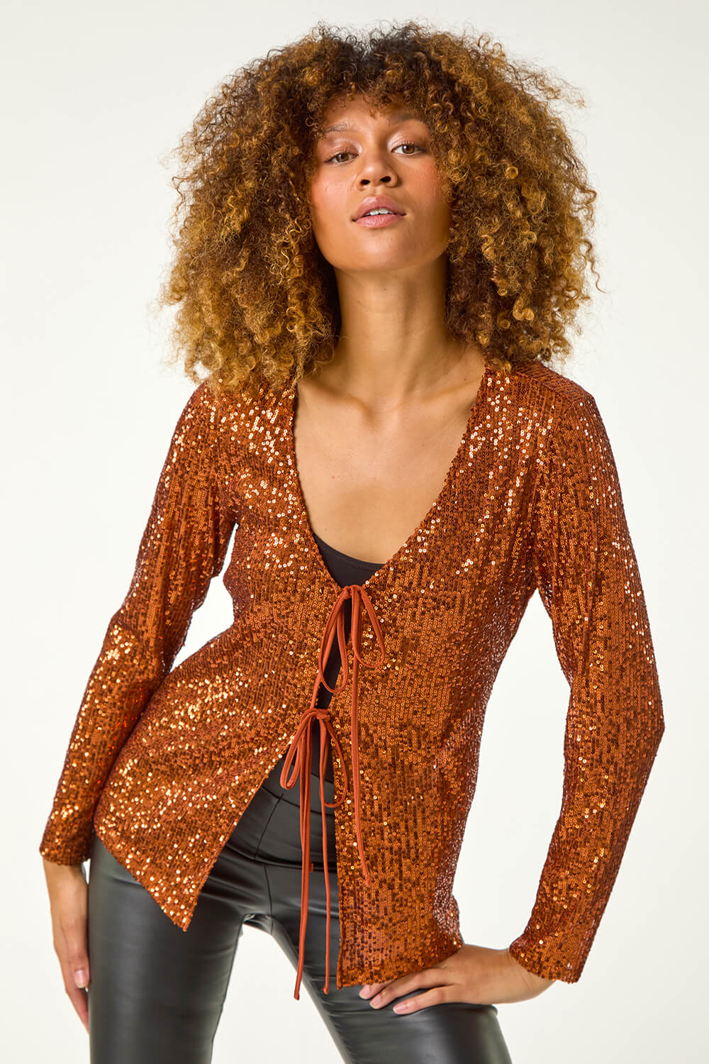 Bronze Front Tie Sequin Detail Top, Image 1 of 5