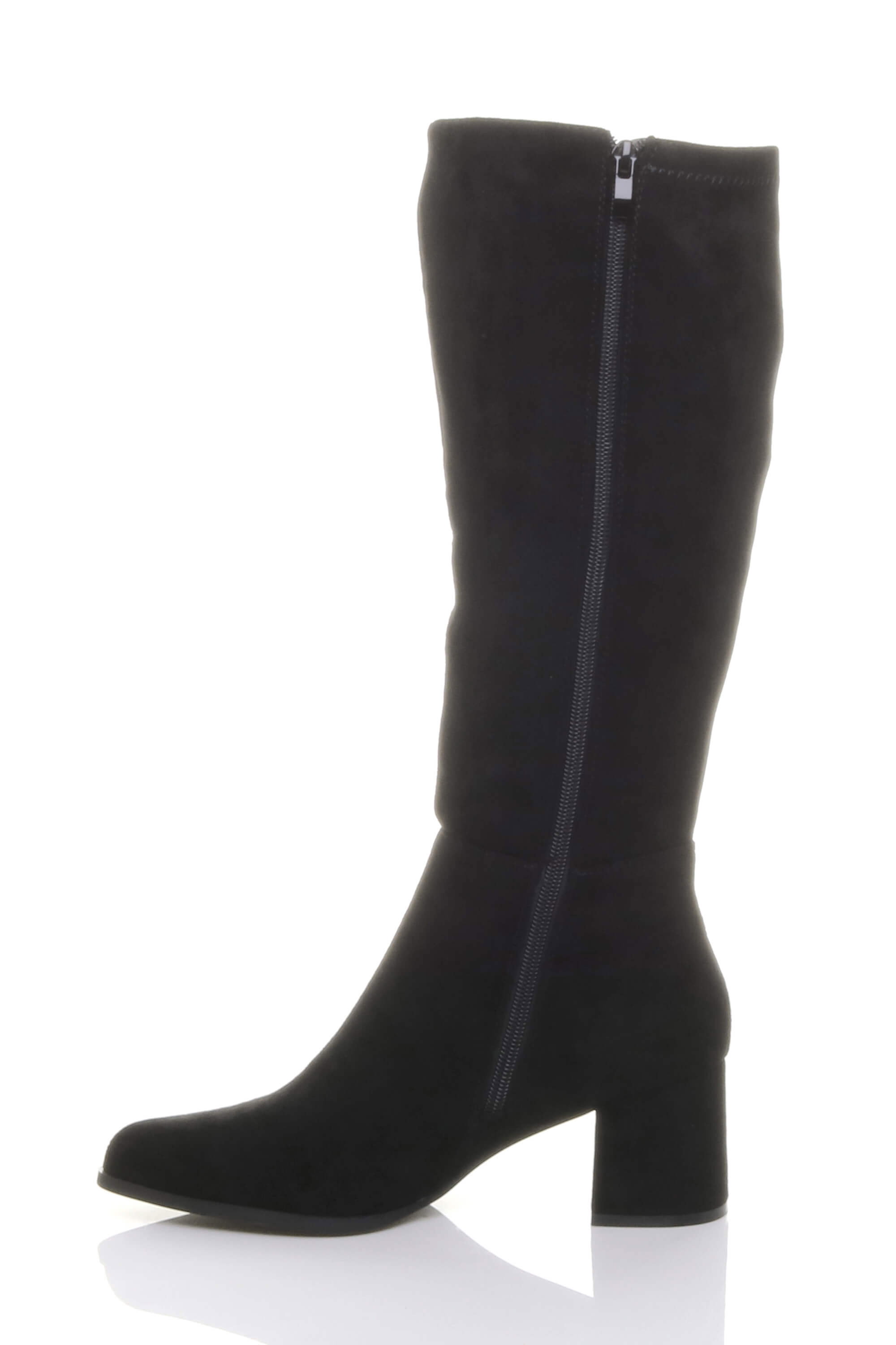 Black AJVANI Black Mid Block Heel Pointed Toe Stretchy Riding Calf Boots, Image 3 of 5