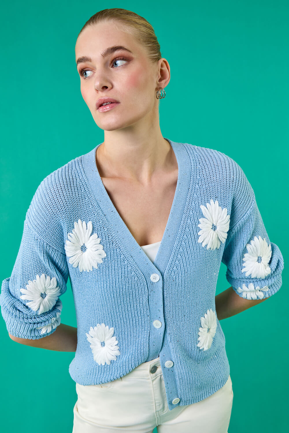 Light Blue Daisy Detail Knit Cardigan, Image 8 of 8