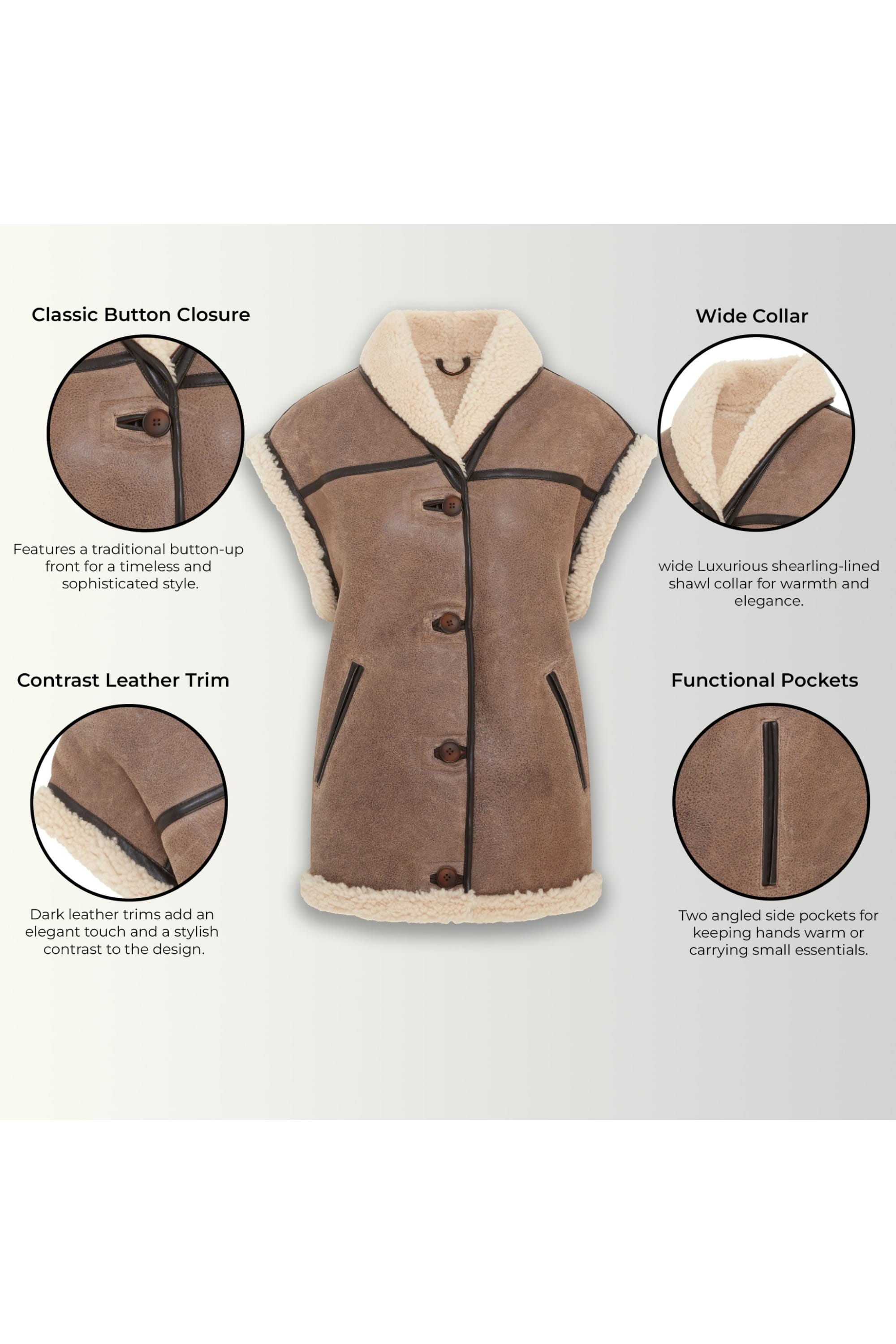 Brown Aviator Shearling Leather Gilet - Chevak, Image 3 of 7