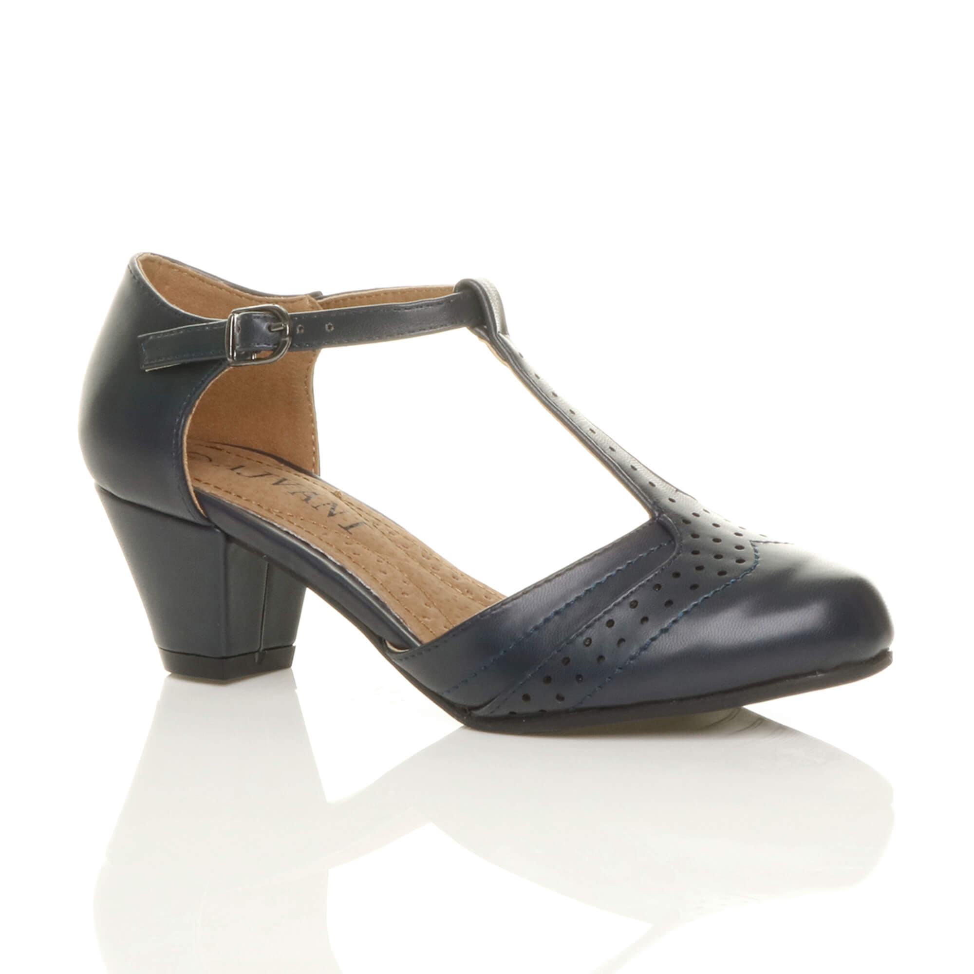 Navy Blue Mid Heel Comfort T-Bar Brogue Heels, Image 1 of 6