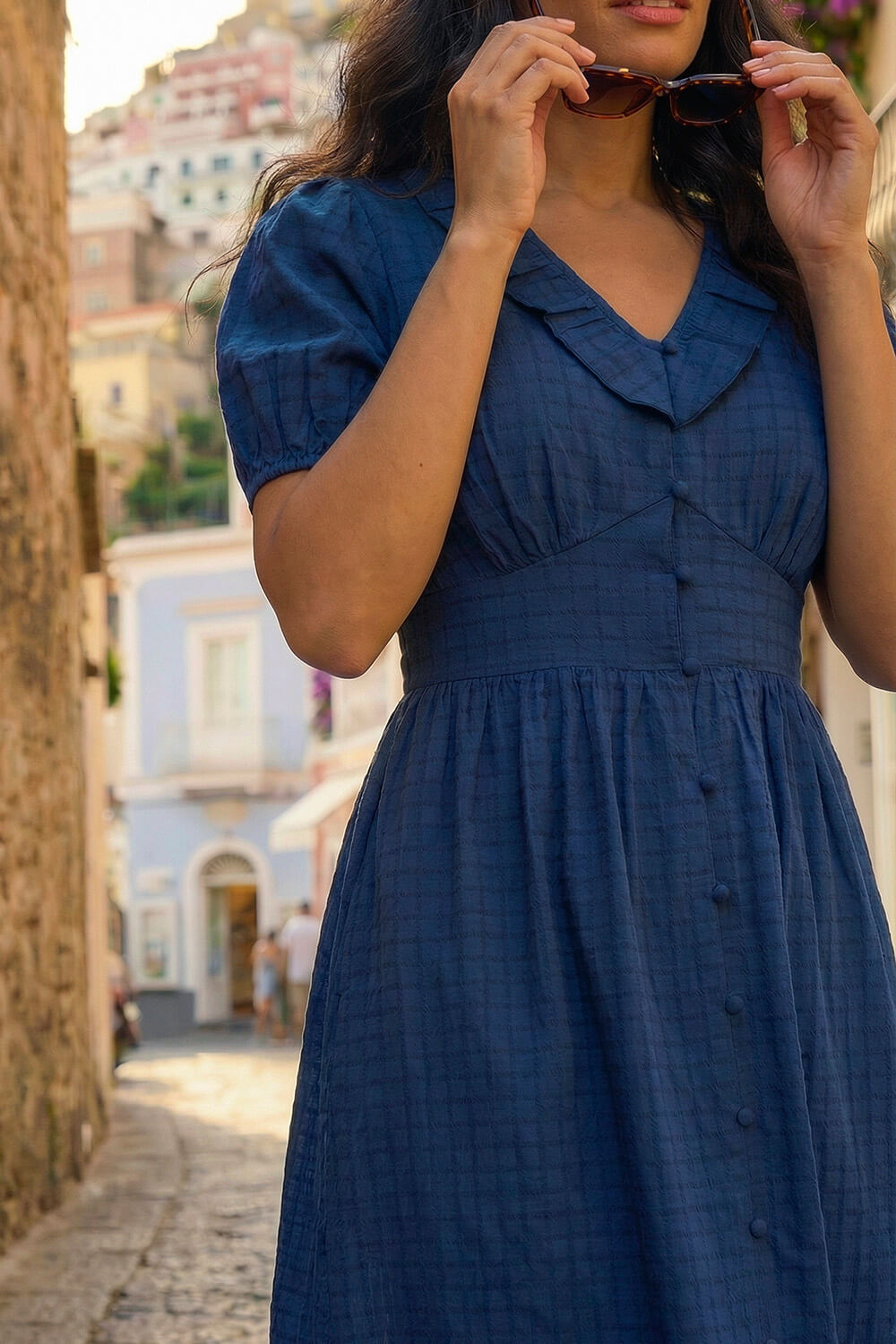 Navy Textured Frill Midi Dress, Image 5 of 4