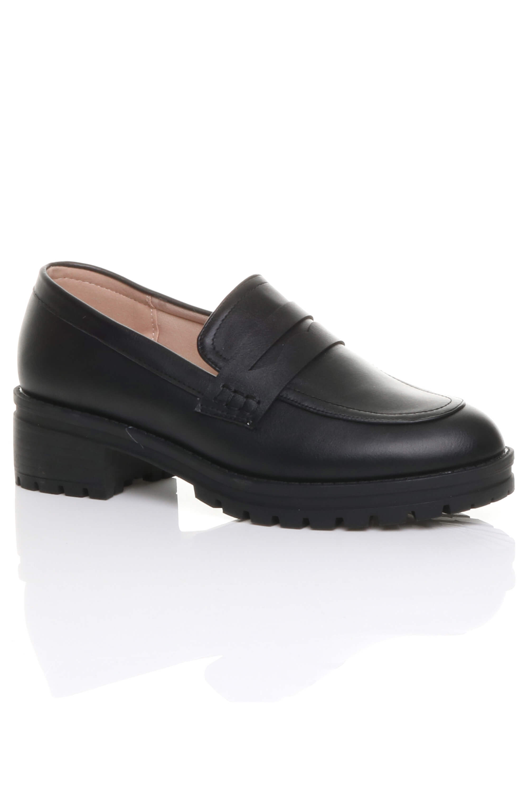 Black AJVANI Black Flat Chunky Heeled Penny Loafers, Image 1 of 5