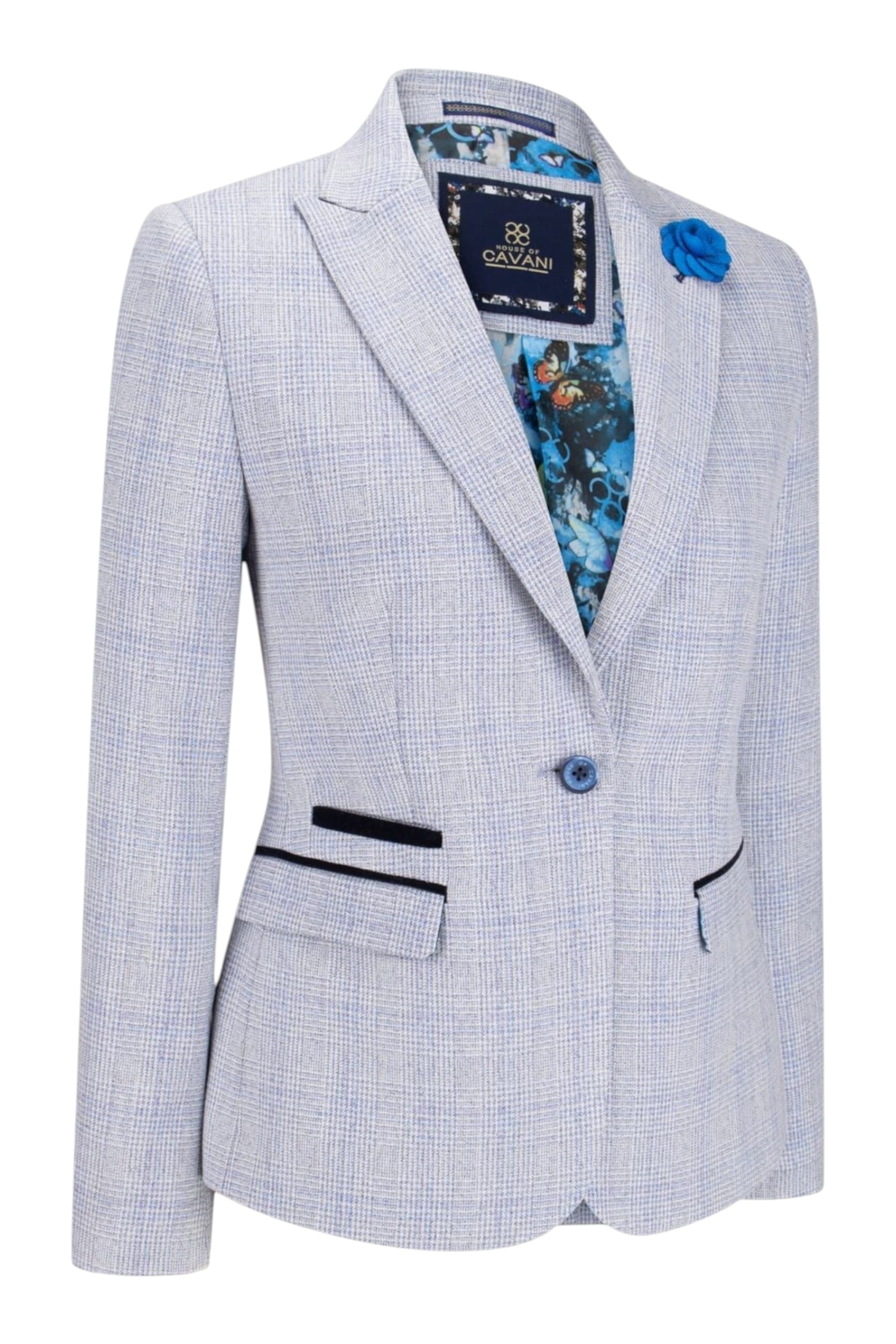 Blue Infinity Leather Blue Womens Blue Check Wool Blend Tweed Blazer, Image 3 of 5