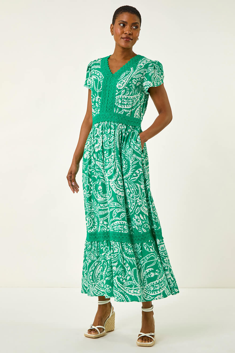 Green Paisley Lace Trim Maxi Dress, Image 3 of 5