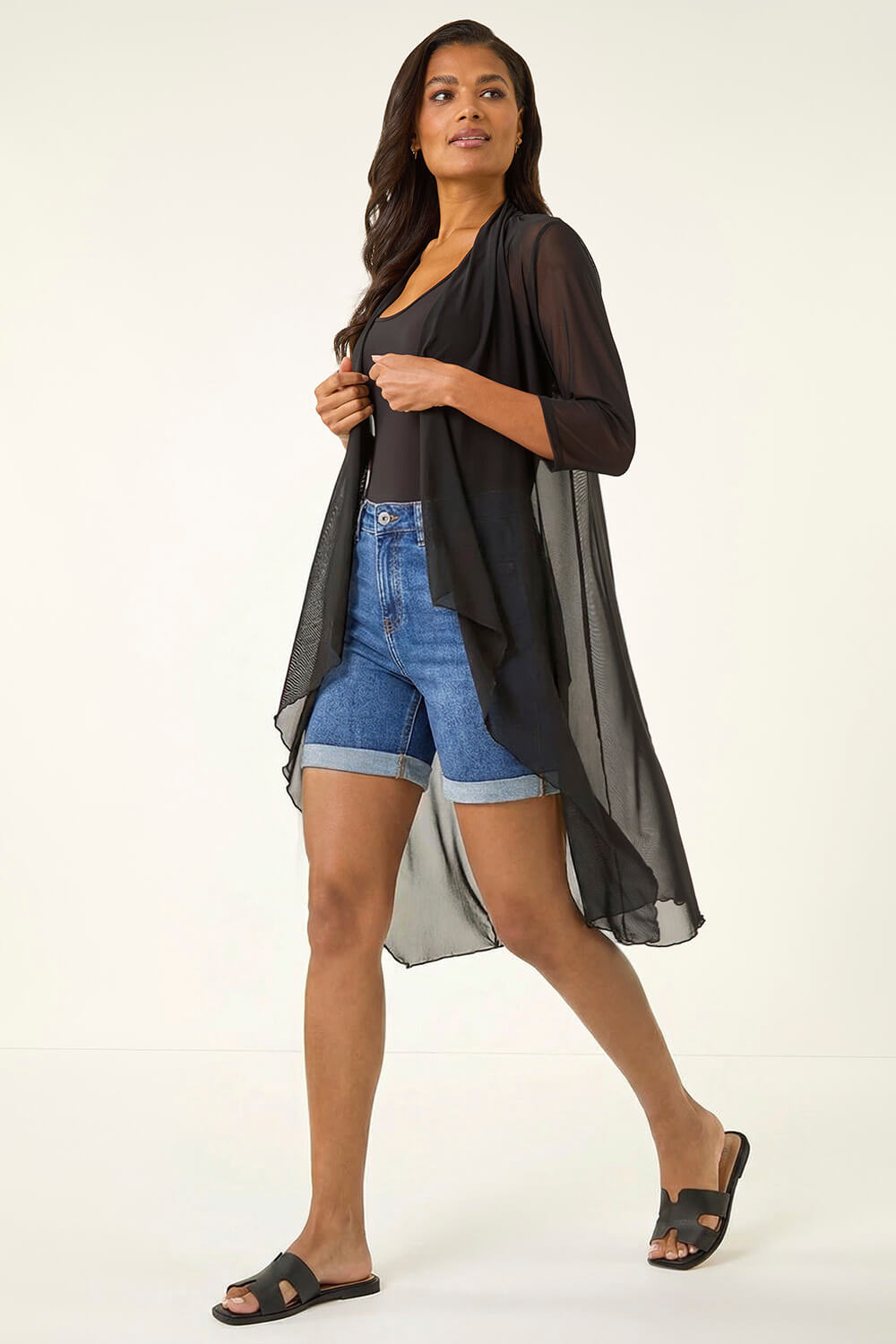 Black 3/4 Sleeve Mesh Longline Kimono, Image 3 of 7