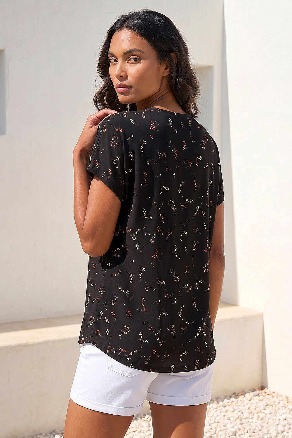Black Floral Print V-Neck Top, Image 3 of 4