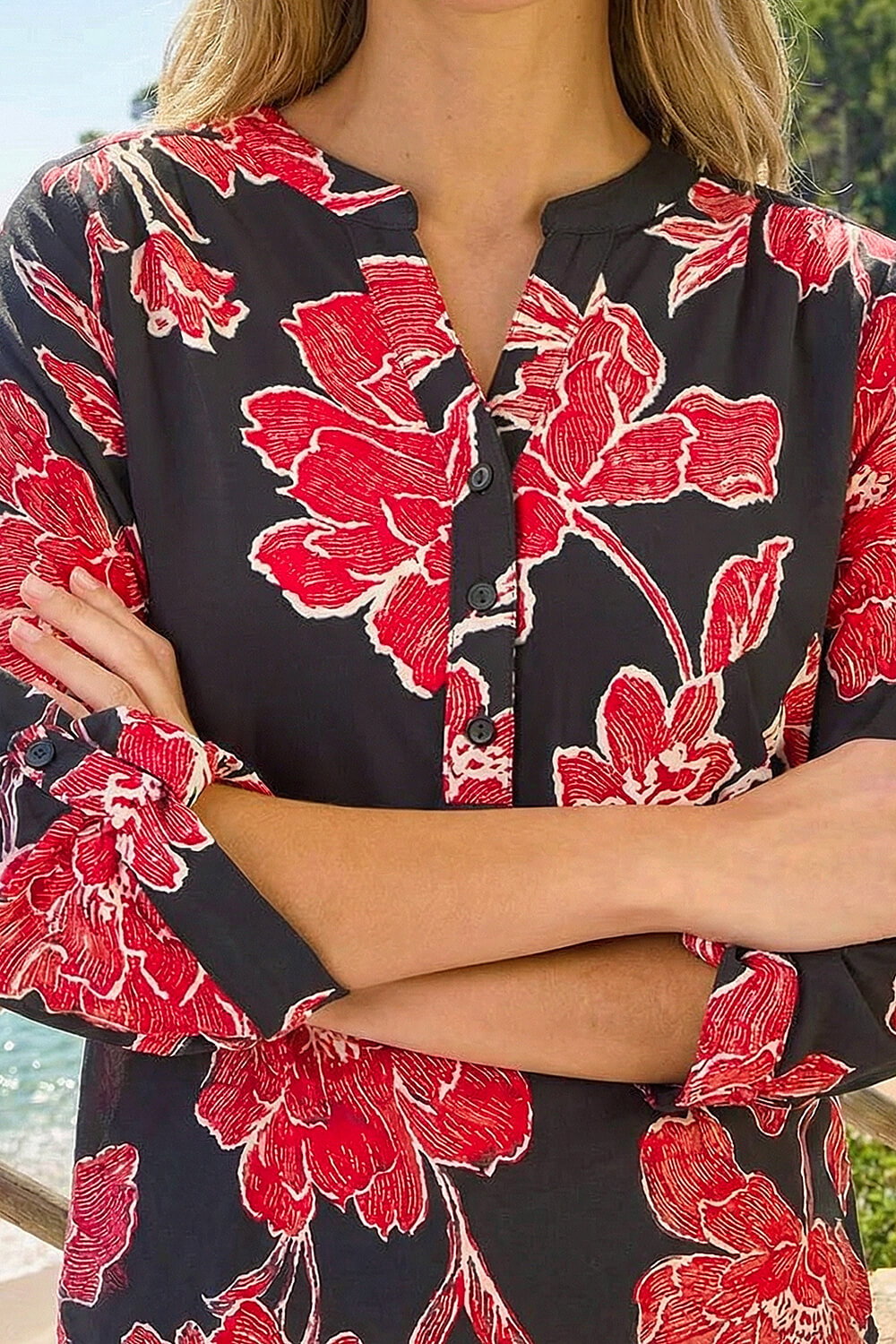 Black Floral Puff Print Stretch Shirt, Image 5 of 4