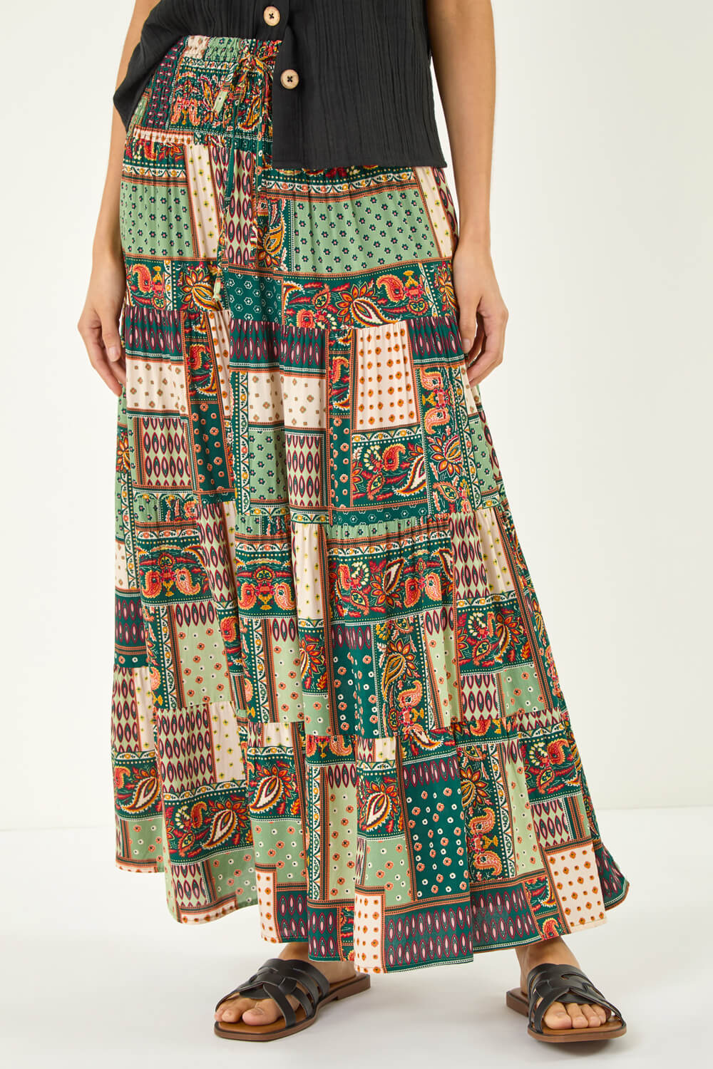 Roman Women's Khaki Paisley Print Shirred Maxi Skirt Size 18