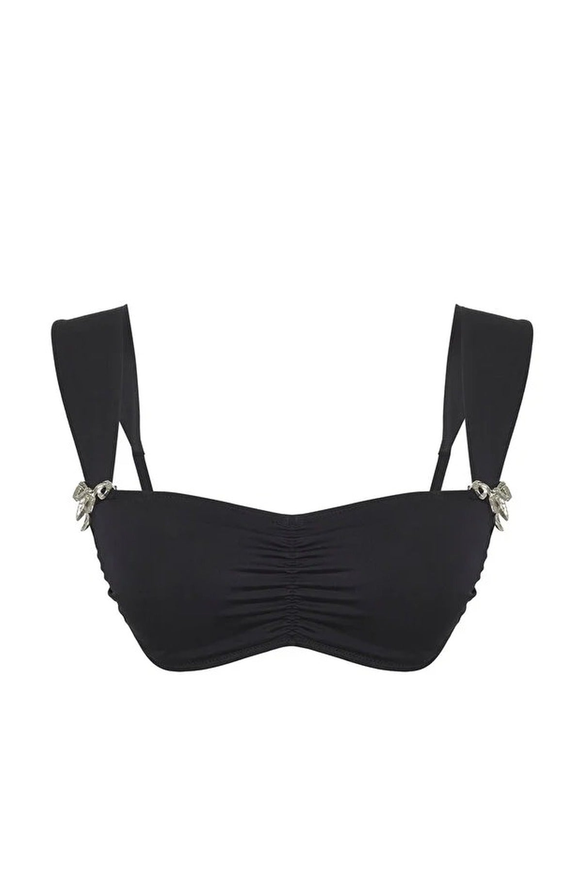 Black Hardware Detail Bralette Bikini Top with Wide Straps, Image 2 of 5