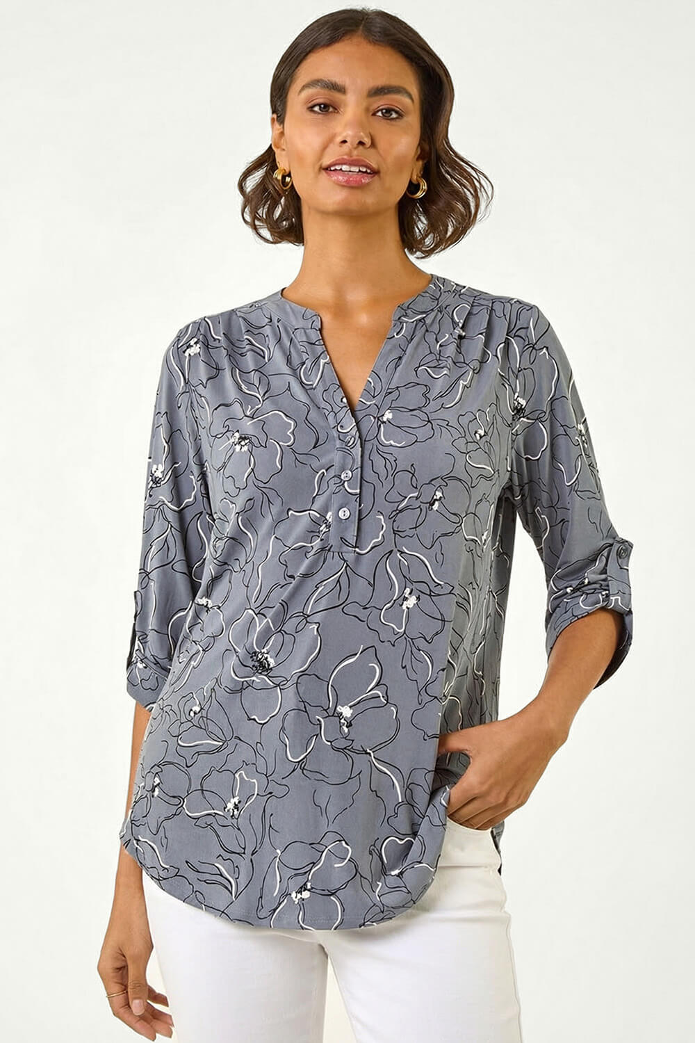 Grey Floral Notch Neck Shirt, Image 5 of 4