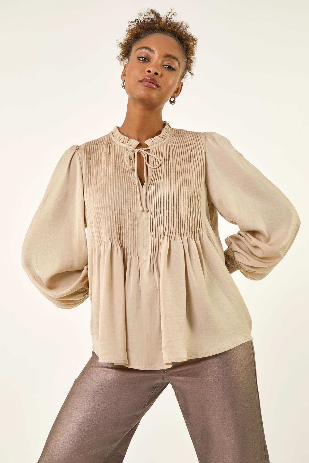トップス meltthelady neck ribbon tops Stone Satin Pleated Tie Neck Top | Roman UK