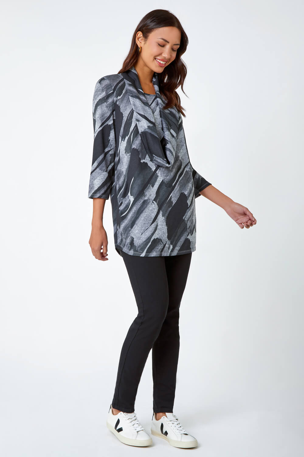 Charcoal Abstract Print Pocket Tunic Top with Snood, Image 5 of 5