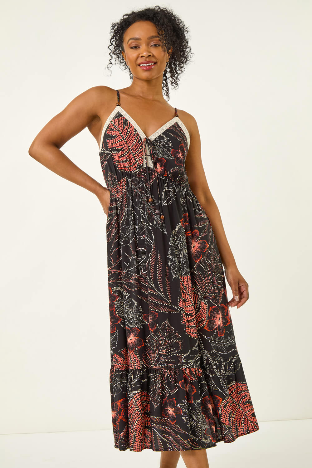 Black Petite Abstract Leaf Crochet Trim Dress, Image 5 of 5