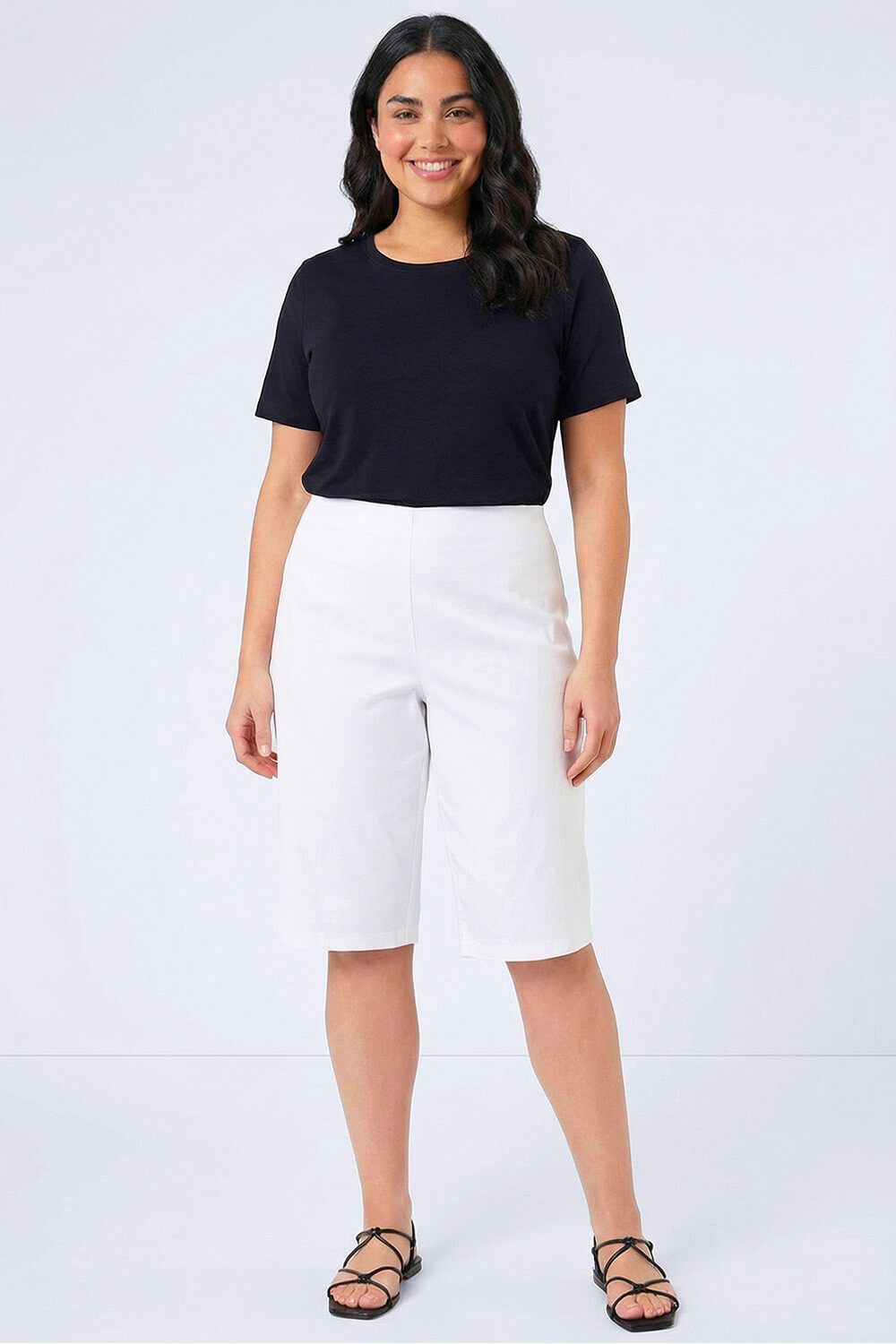 White Curve Knee Length Elastic Waist  Shorts, Image 5 of 4