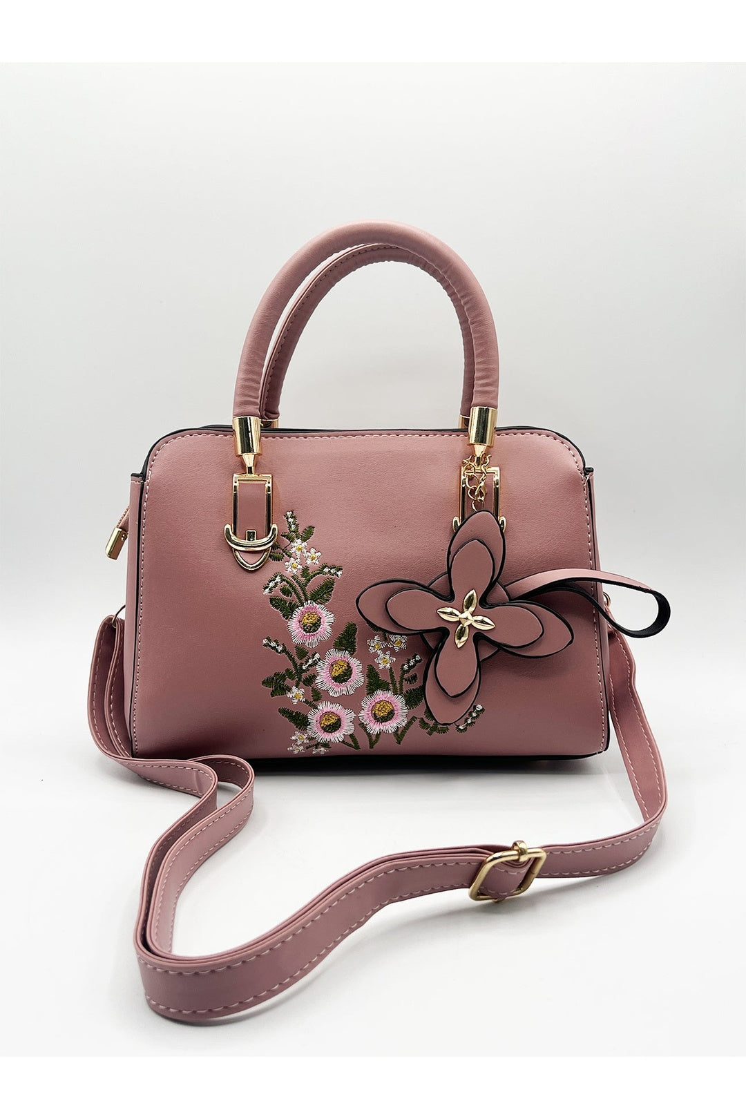 Pink Embroidered Floral Rounded Grab Bag in Pink, Image 2 of 6
