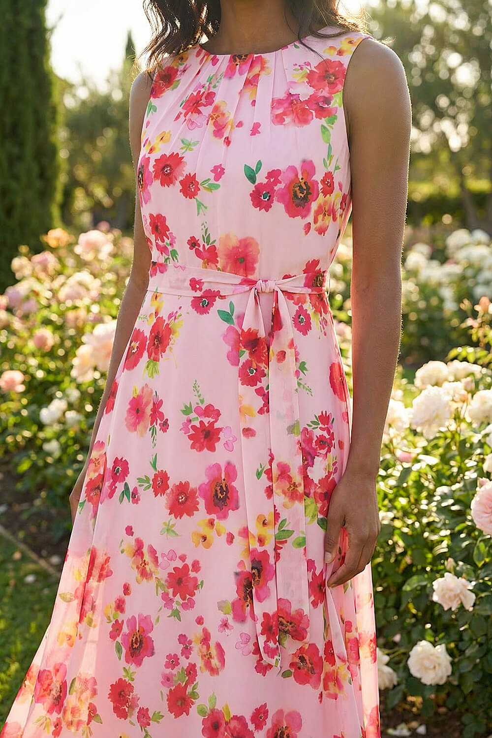 Pink Floral Pleated Chiffon Midi Dress, Image 5 of 4