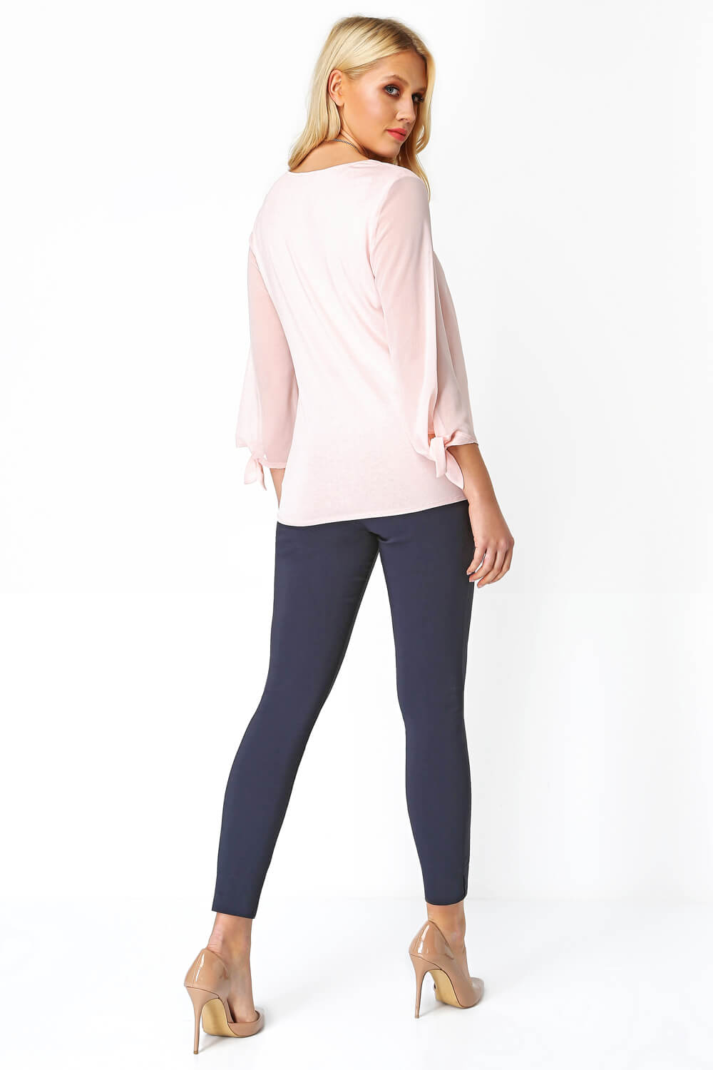 Pink Necklace Trim Jersey 3/4 Sleeve Chiffon Top, Image 4 of 4
