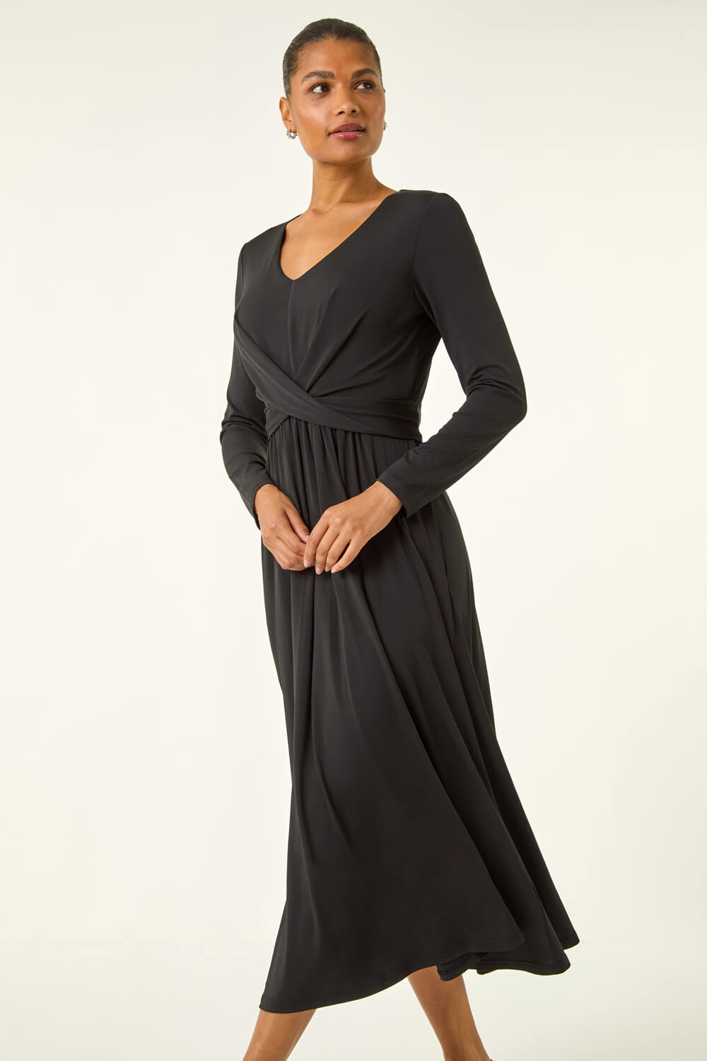 Black Twist Front Stretch Midi Dress, Image 3 of 5