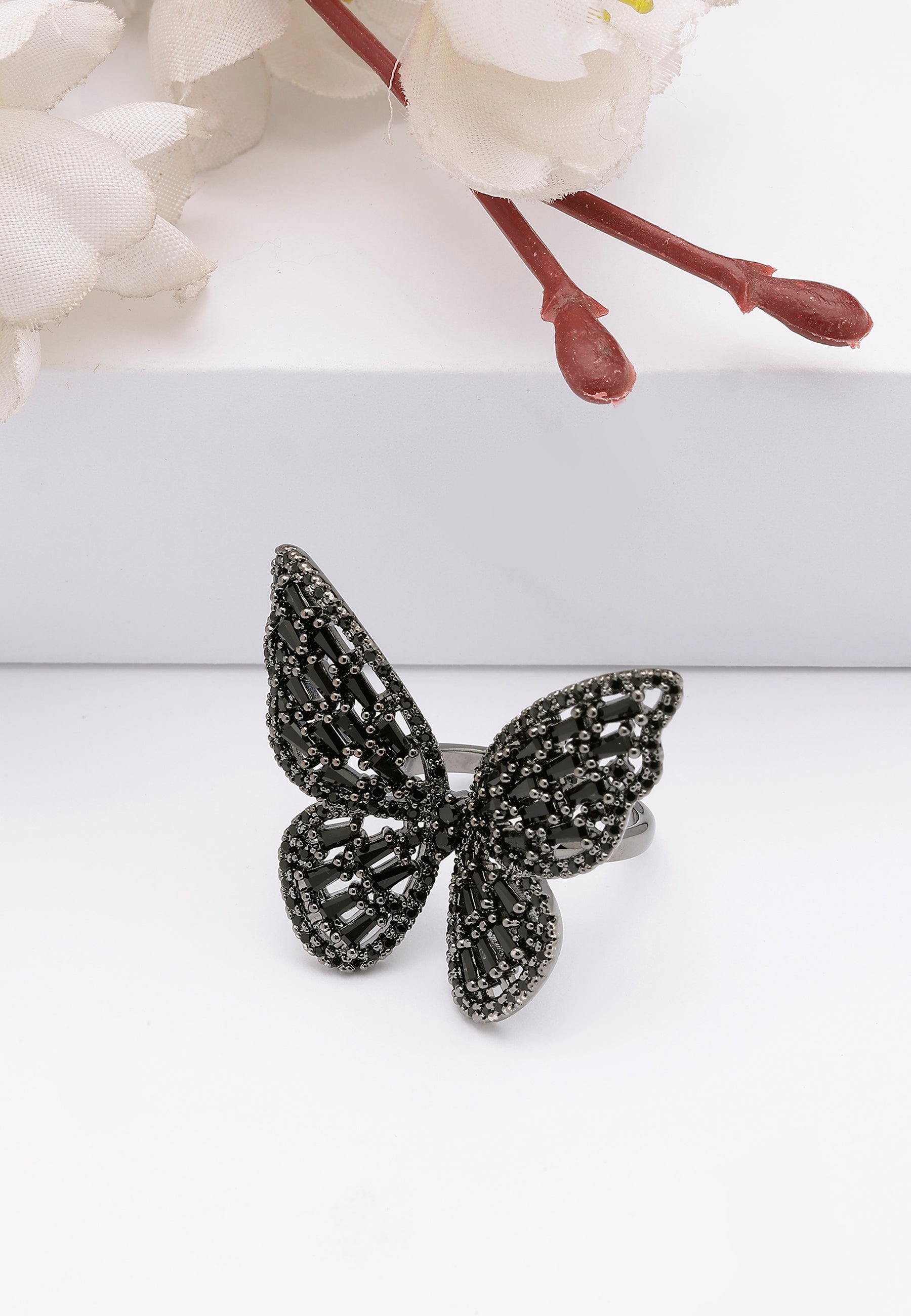Black Contemporary Butterfly Ring - Free-Size, Image 2 of 6