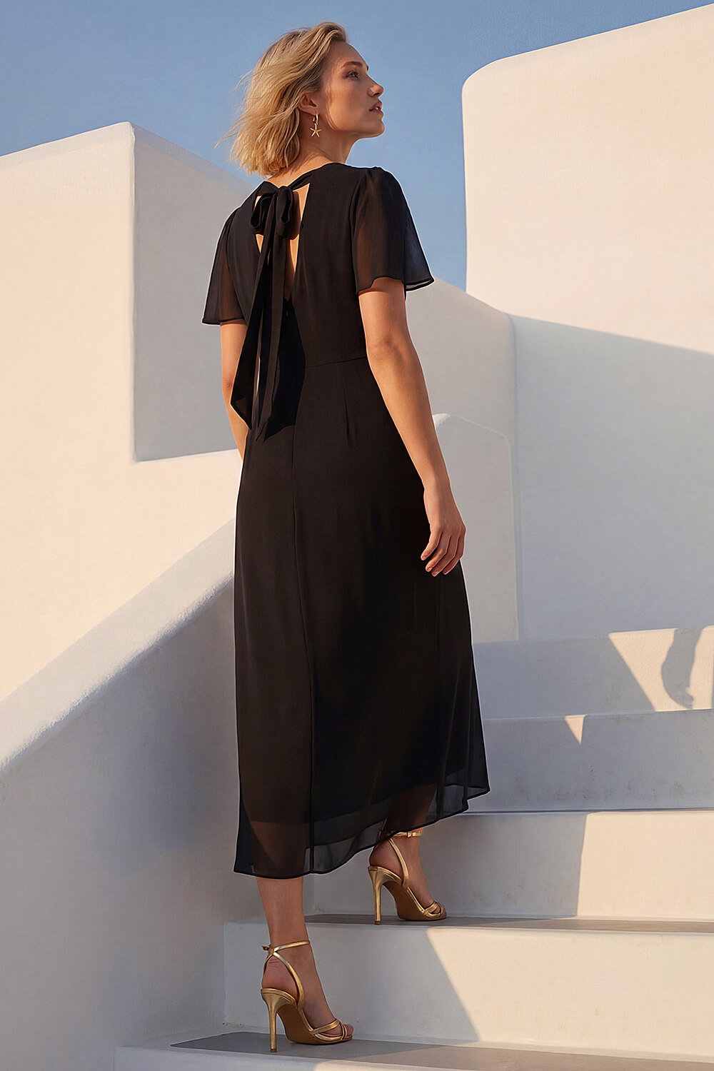 Black Flutter Sleeve Midi Dress, Image 3 of 4