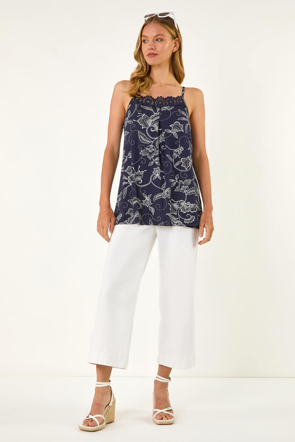 Navy Geometric Lace Trim Cami Top, Image 3 of 5