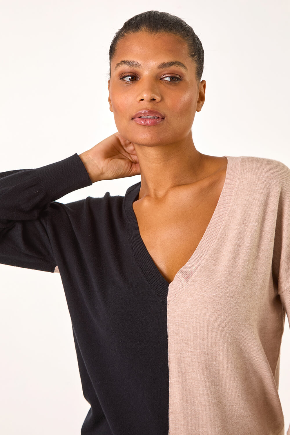 Natural  V-Neck Colour Block Knit Jumper, Image 5 of 7