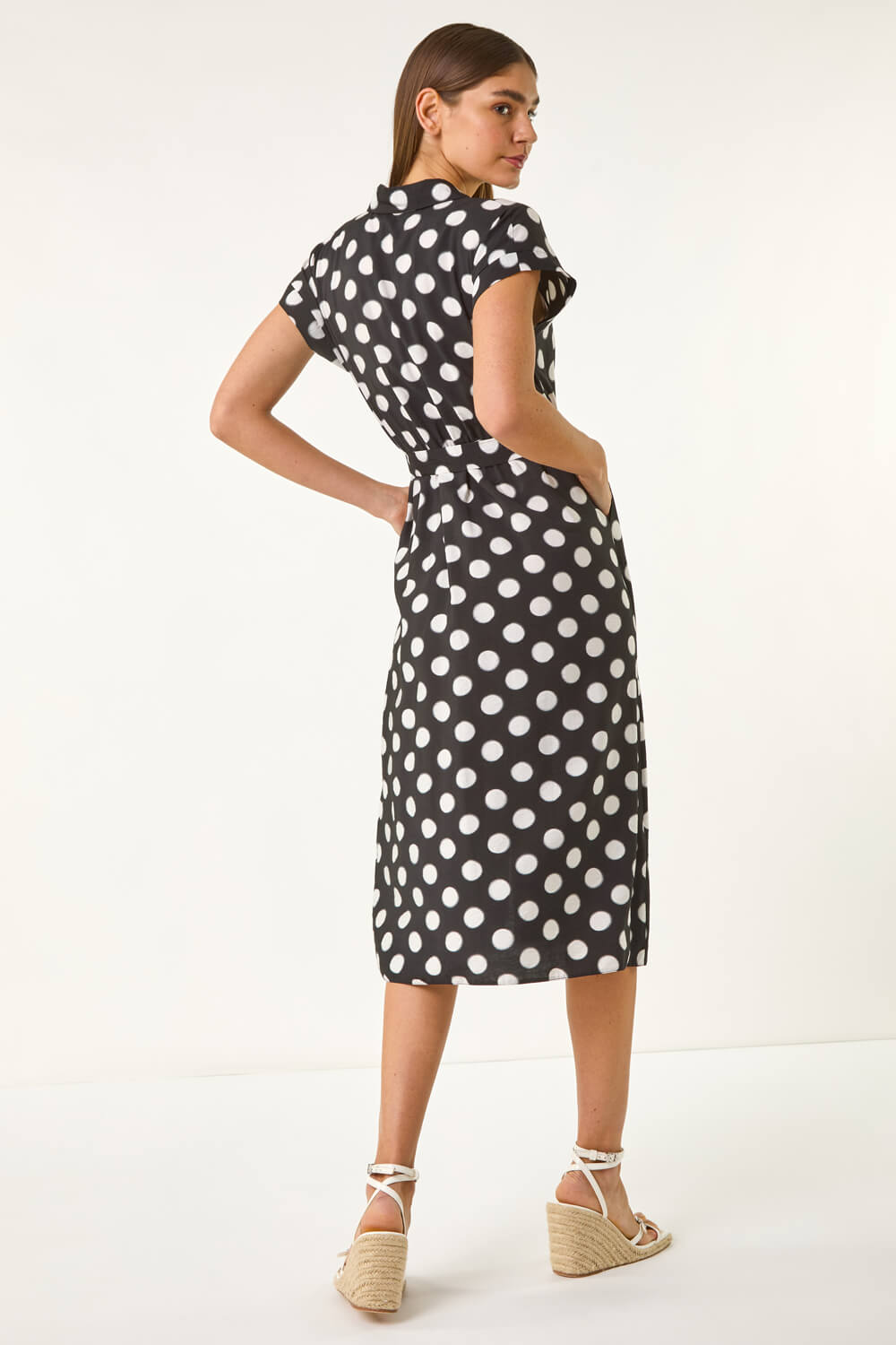 Black Polka Dot Belted Midi Dress, Image 4 of 5